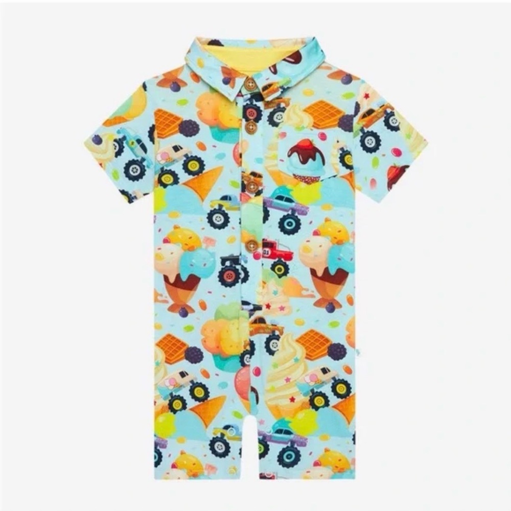 Posh Peanut Pastel Blue Monster Truck Ice Cream Henley Romper